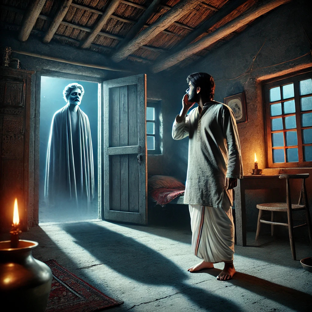 A haunting scene depicting a man in traditional Indian attire standing in a dimly lit rural home, staring in shock at the ghostly figure of his deceased brother