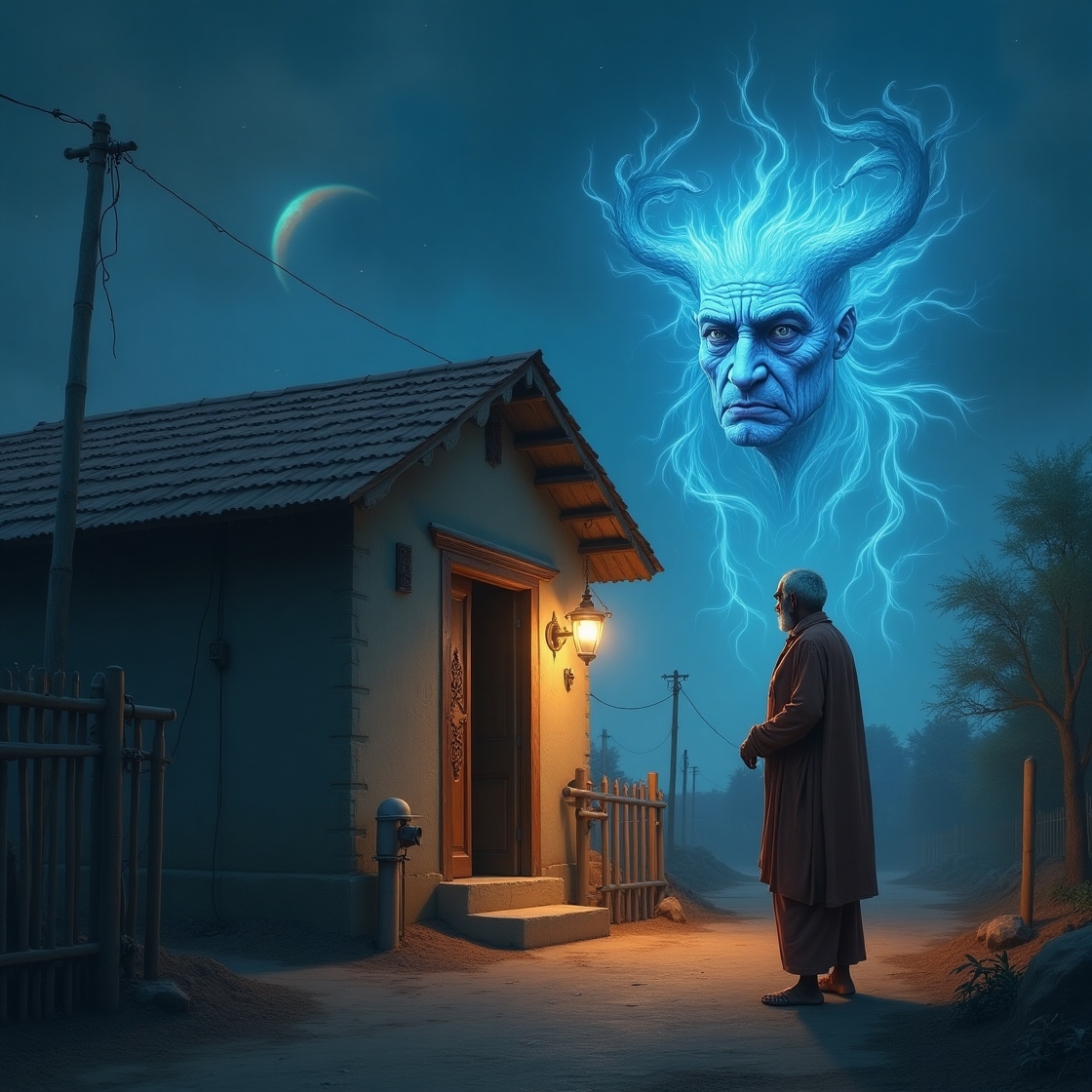 A glowing blue spectral jinn hovers near a newly built hut