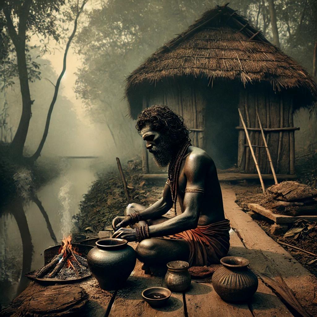 A mysterious Aghori ascetic sitting near a secluded rustic hut by a canal, surrounded by dense forest. The man is dusky, well-built, wearing a skimpy loin cloth.